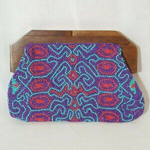 NEW Express Beaded Clutch Purple Blue Red Swirls Wooden Handle Boho